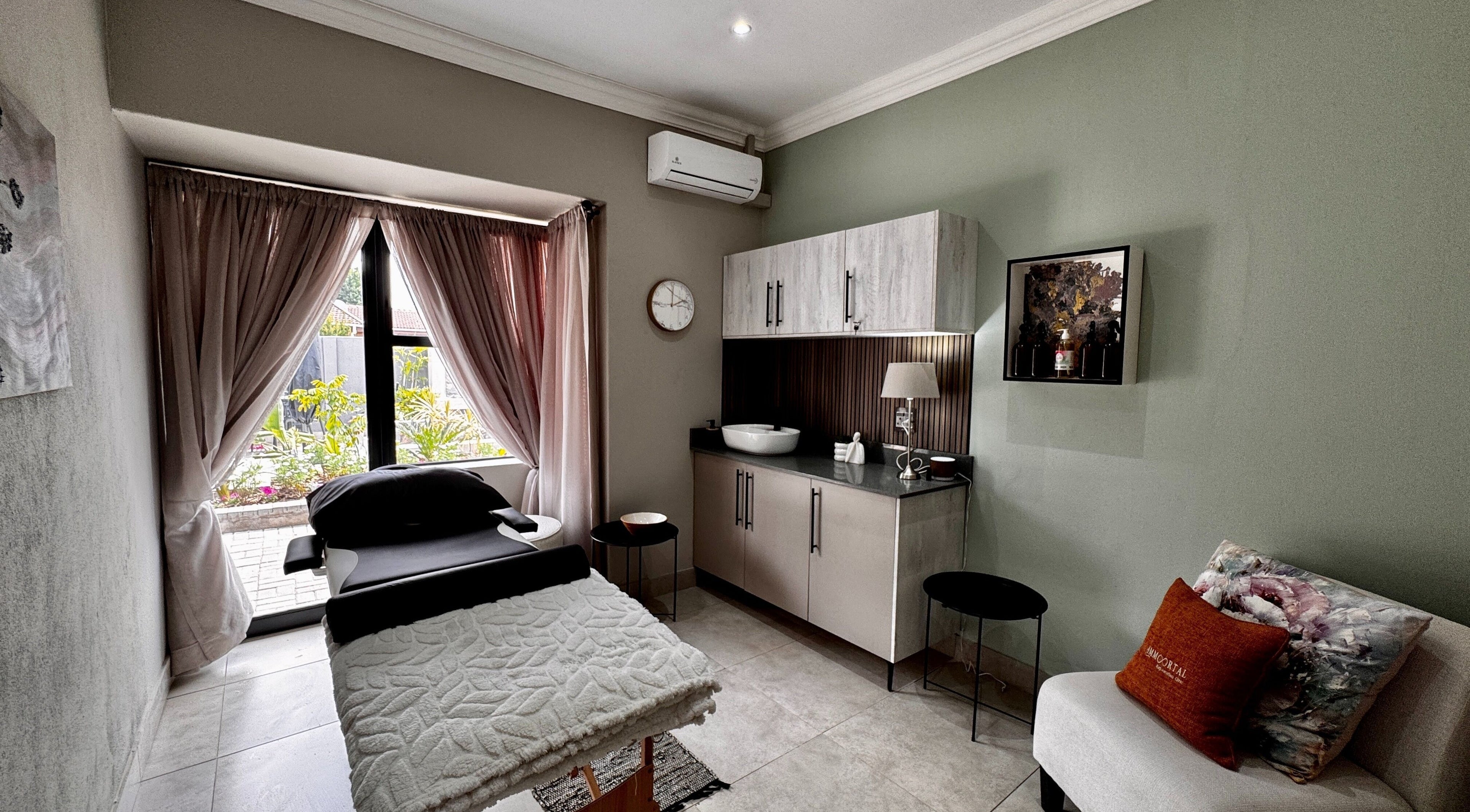 Tranquil treatment room at Immortal Rejuvenation Clinic in Newcastle, Kwazulu-natal, ZA with serene decor.