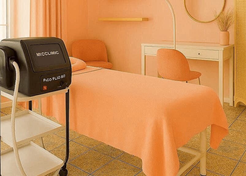 Peaceful treatment room at Discreet Aesthetics in London, England, GB, featuring sleek equipment.