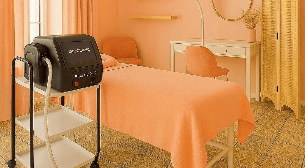 Peaceful treatment room at Discreet Aesthetics in London, England, GB, featuring sleek equipment.