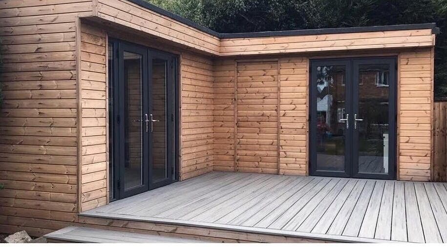 Outdoor wooden deck and structure at Raine Beauty, Birmingham, England, GB.