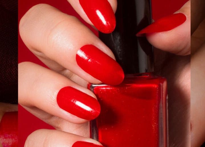 Close-up of vibrant red manicure at Amara Nails and Beauty, Drogheda, County Louth, IE.