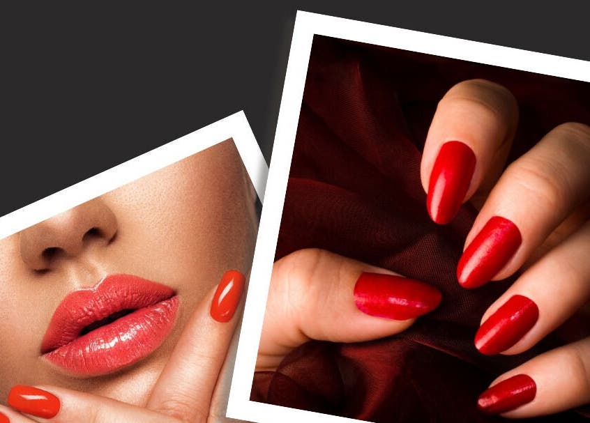Vibrant red nails and lips detail at Amara Nails and Beauty, Drogheda, County Louth, IE enhancing complexion.