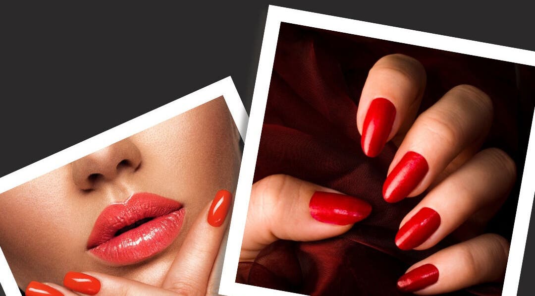 Vibrant red nails and lips detail at Amara Nails and Beauty, Drogheda, County Louth, IE enhancing complexion.