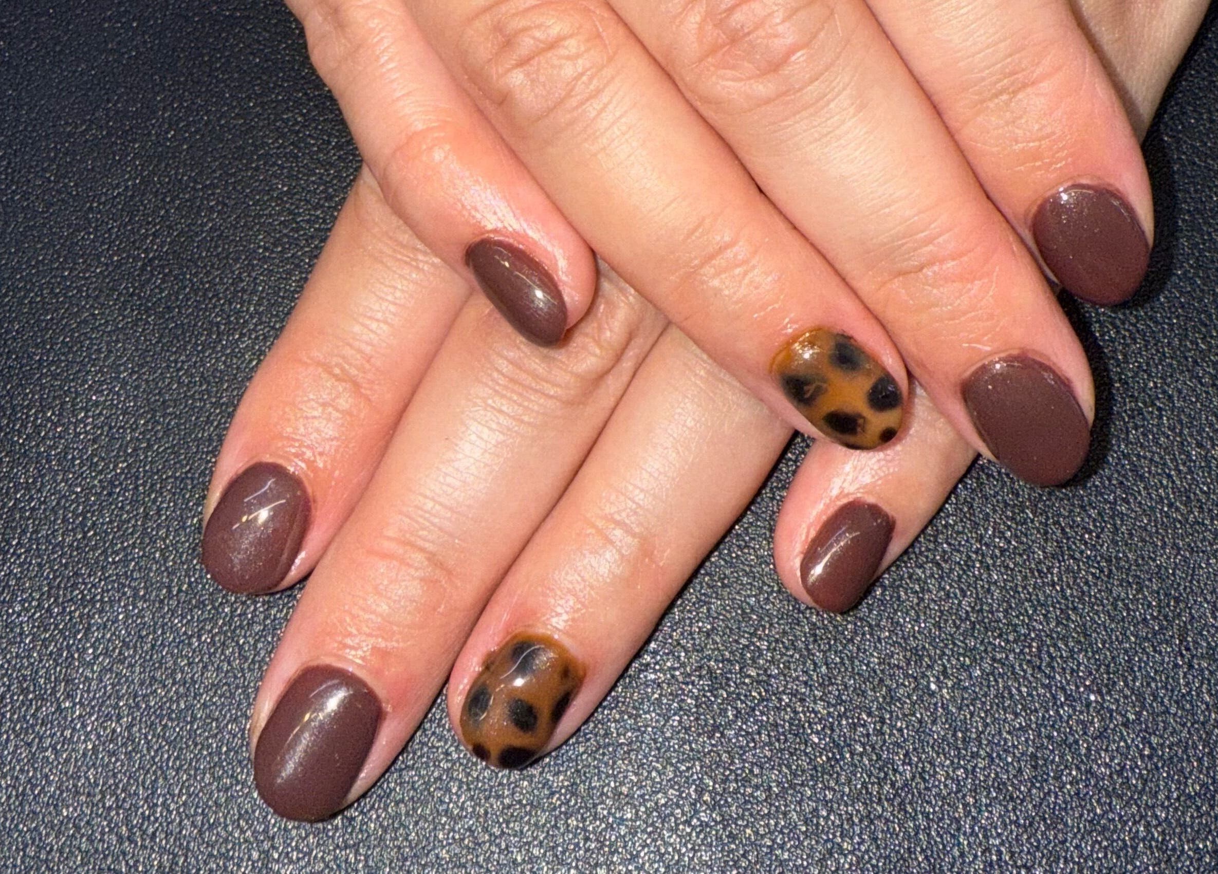 Elegant brown and leopard print nails at Nails By SHTB, Wick, Scotland, GB.