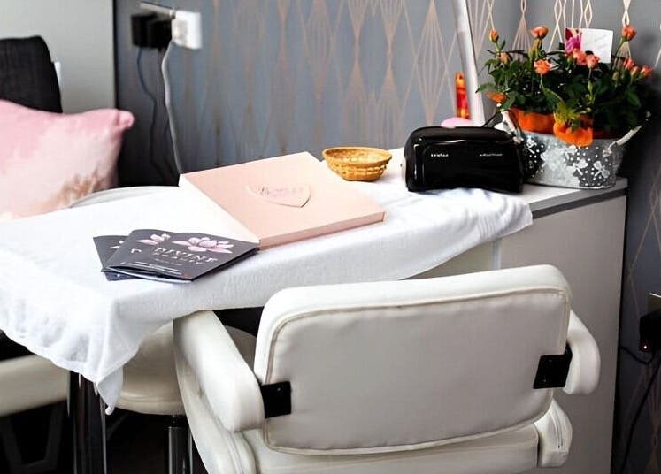 Cozy nail station at Divine Beauty Salon, Guernsey, Saint Peter Port, GG with floral decor and elegant design.