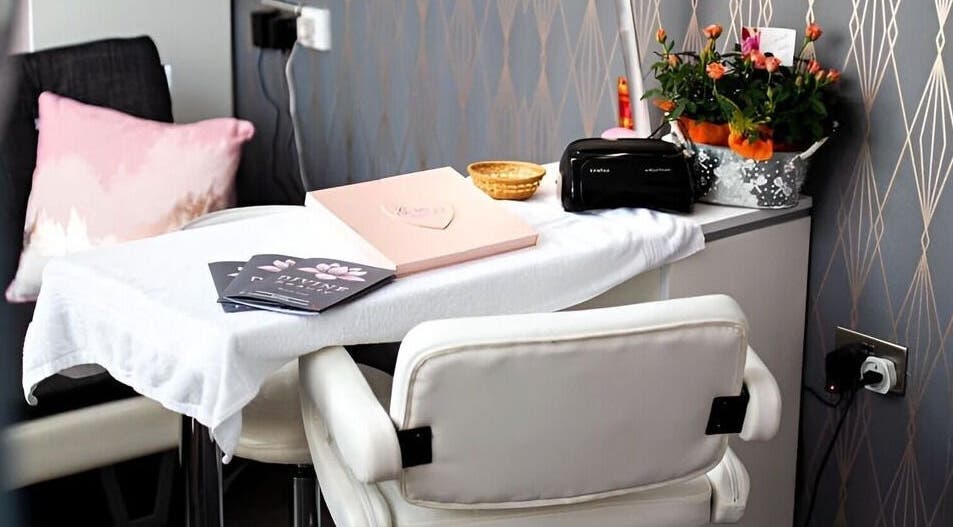 Cozy nail station at Divine Beauty Salon, Guernsey, Saint Peter Port, GG with floral decor and elegant design.