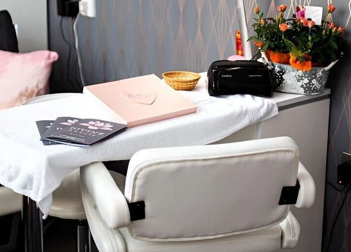 Cozy manicure station at Divine Beauty Salon in Guernsey, Saint Peter Port, GG with elegant decor.