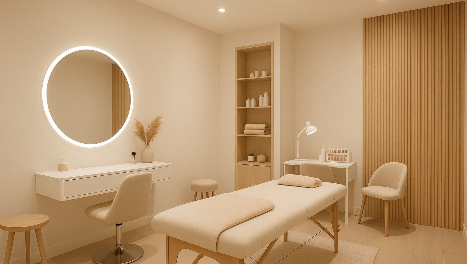Chic treatment room at Spackle Cuts, Shipley, England, GB featuring a modern table and ambient lighting.