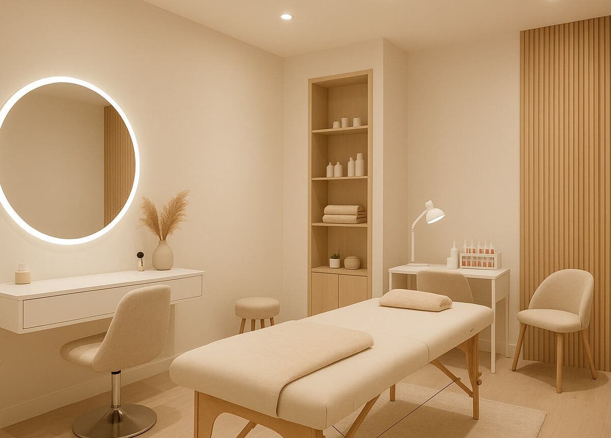Chic treatment room at Spackle Cuts, Shipley, England, GB featuring a modern table and ambient lighting.