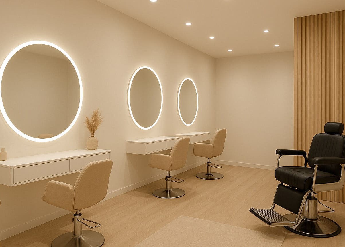 Elegant interior of Spackle Cuts in Shipley, England featuring modern chairs and illuminated mirrors.
