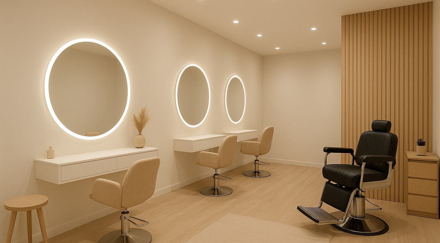 Elegant interior of Spackle Cuts in Shipley, England featuring modern chairs and illuminated mirrors.