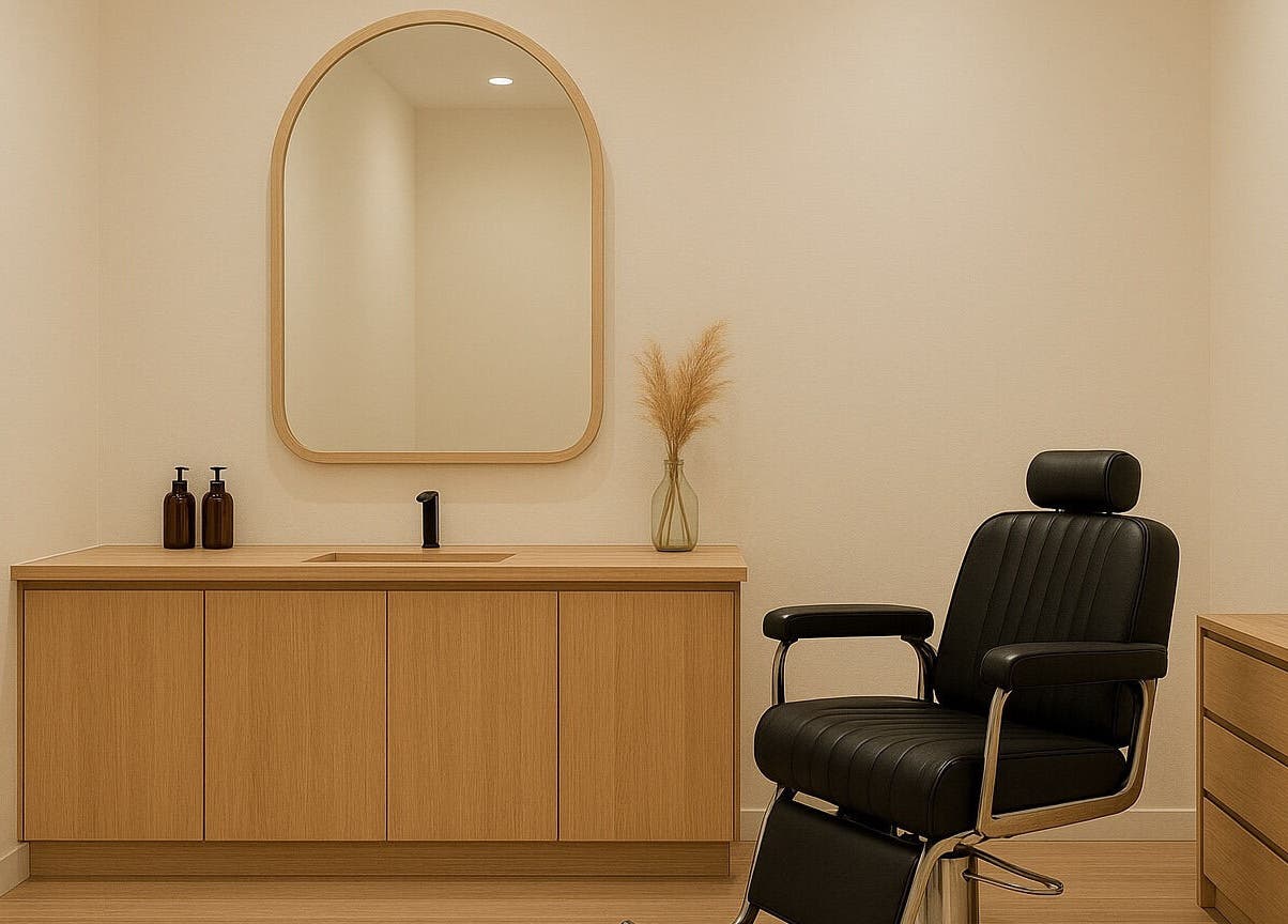 Modern haircutting station at Spackle Cuts, Shipley, England, GB with stylish chair and sleek wooden design.