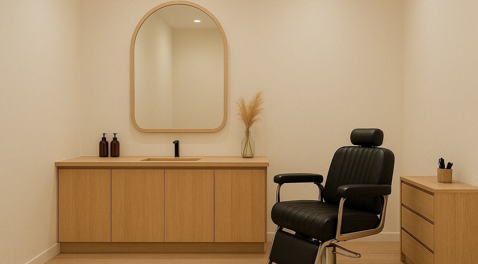 Modern haircutting station at Spackle Cuts, Shipley, England, GB with stylish chair and sleek wooden design.