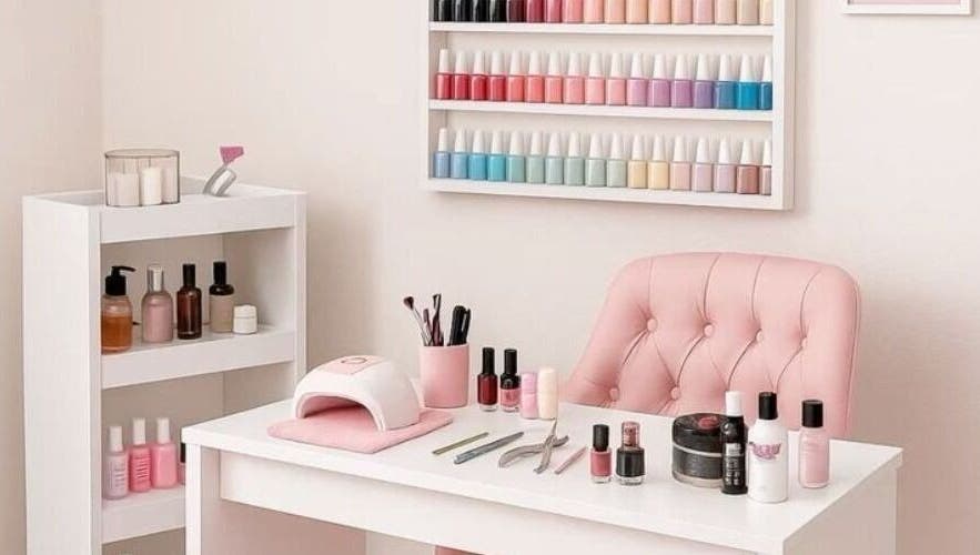 Elegant nail station at POLISH ROOM, Ajman, featuring neatly arranged polishes and tools.