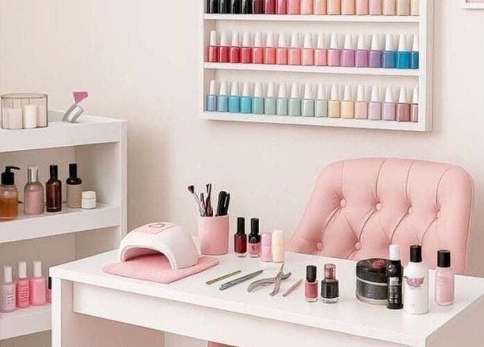 Elegant nail station at POLISH ROOM, Ajman, featuring neatly arranged polishes and tools.
