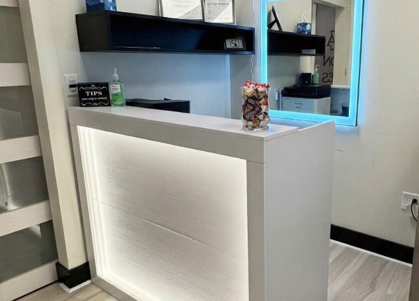 Sleek reception desk at Annie's Beauty & Body Waxing, Orlando, Florida, US.