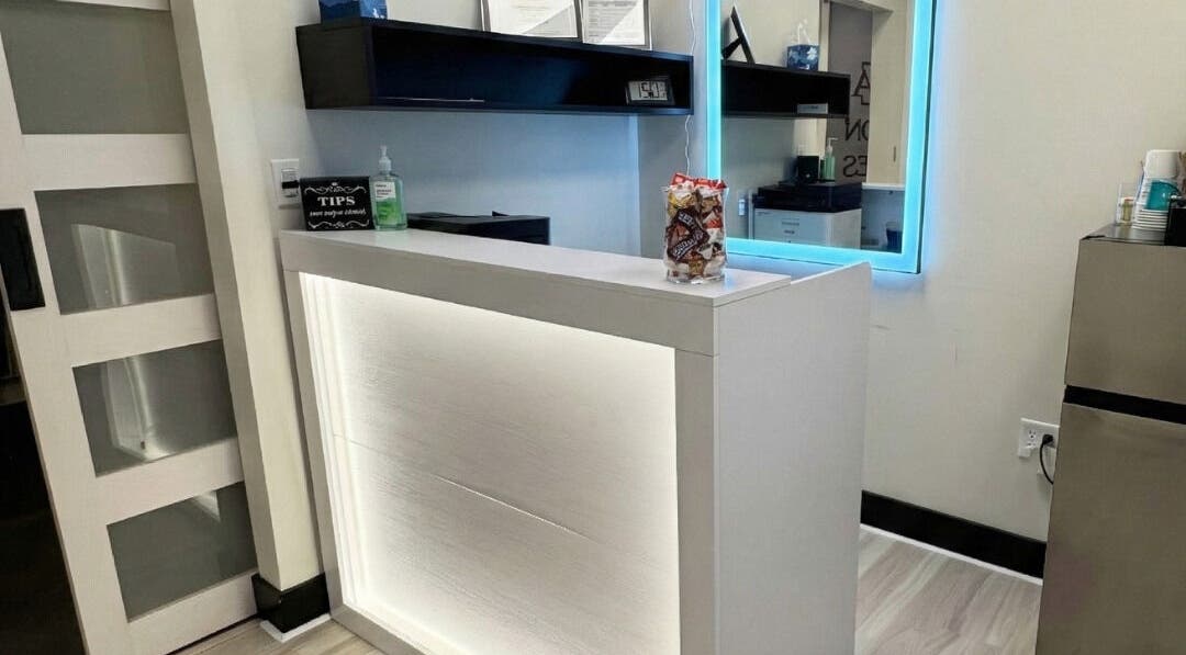 Sleek reception desk at Annie's Beauty & Body Waxing, Orlando, Florida, US.