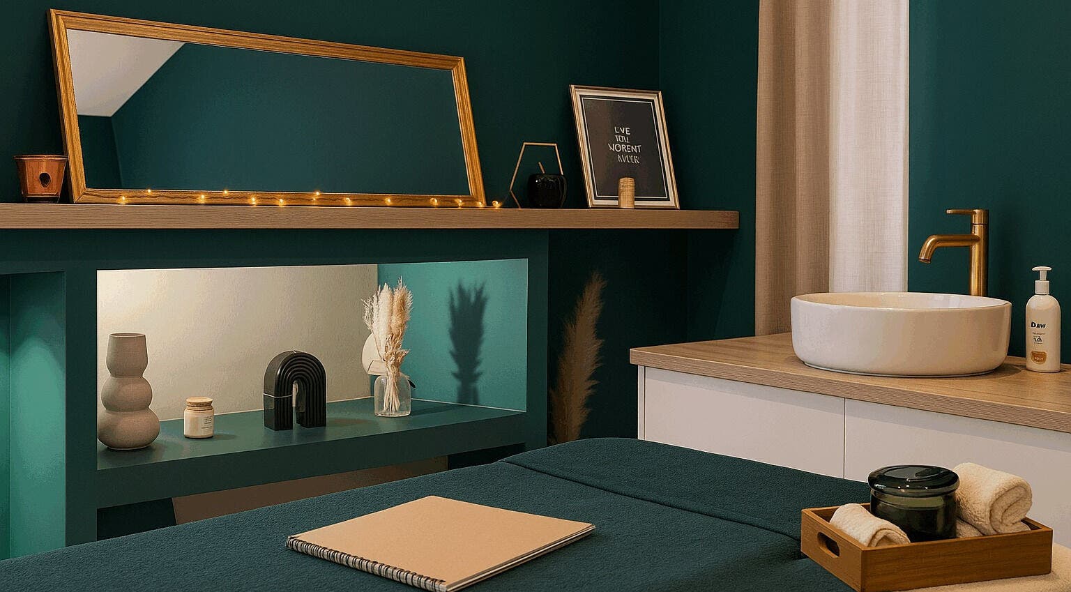 Salle de soin élégante chez Saphir, Yutz, Grand Est, FR, avec miroir et lavabo moderne.