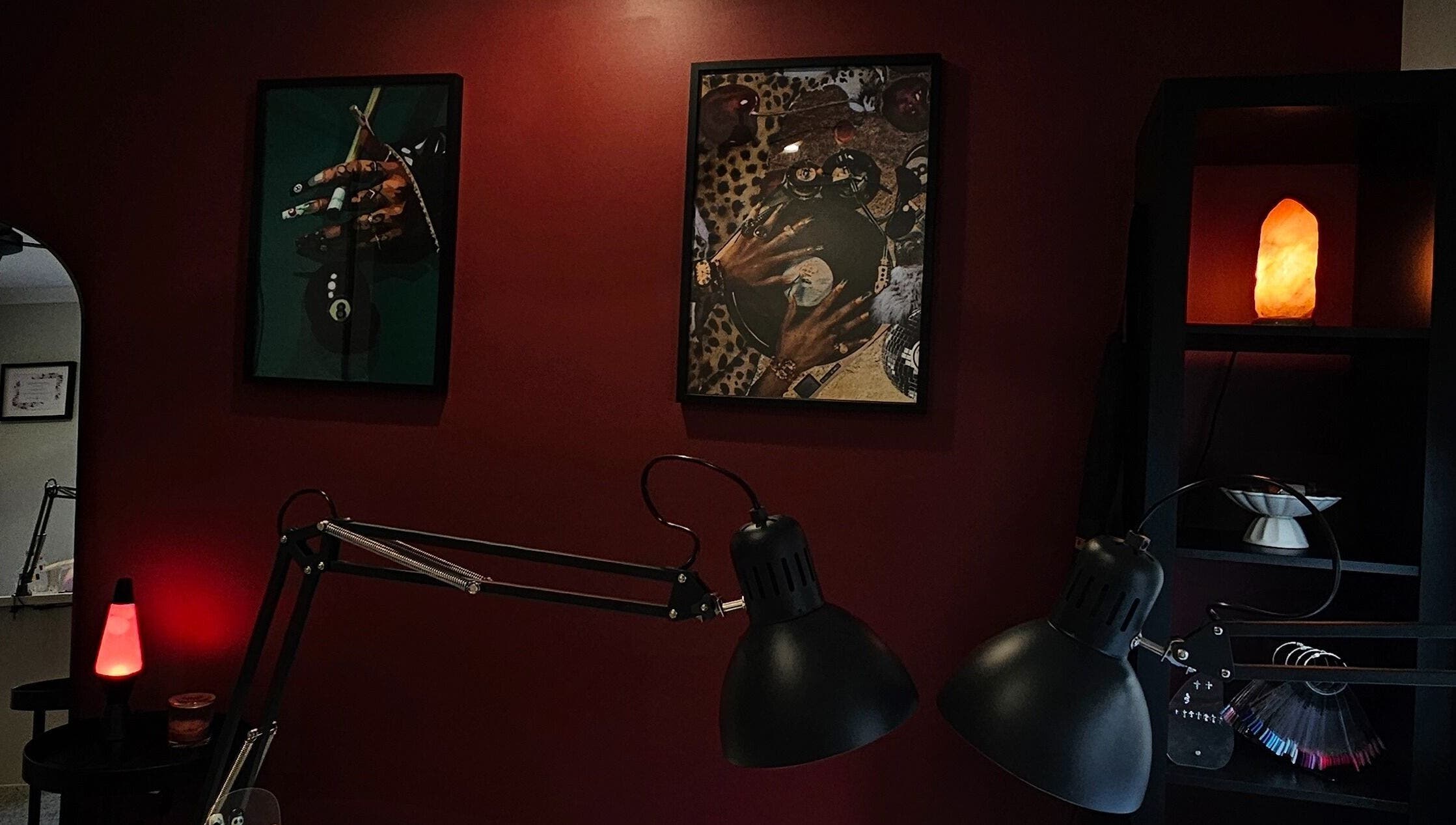 Chic nail salon decor at Polished By V, Yanchep, Western Australia, AU with modern art and dim lighting.