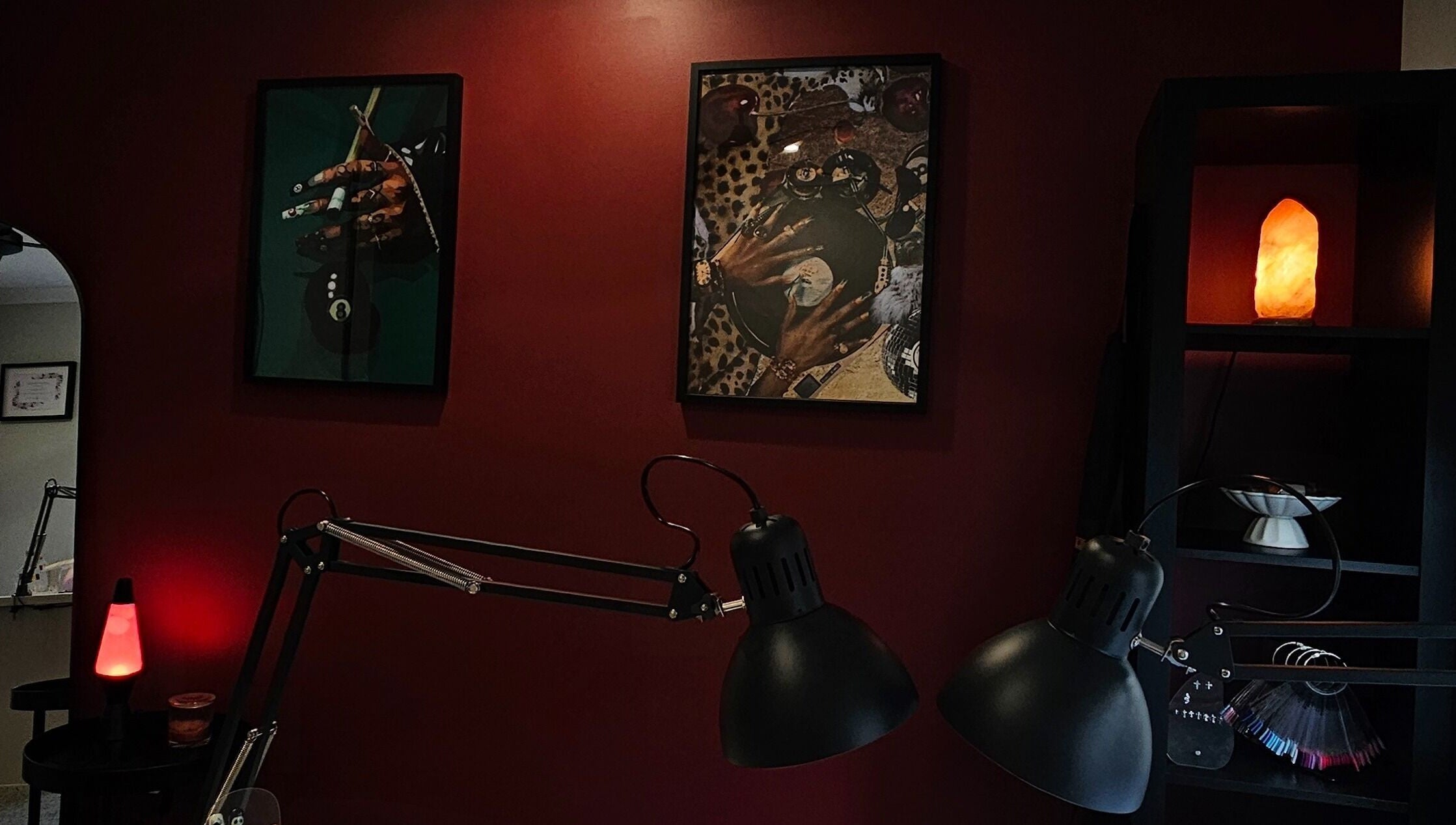 Chic nail salon decor at Polished By V, Yanchep, Western Australia, AU with modern art and dim lighting.