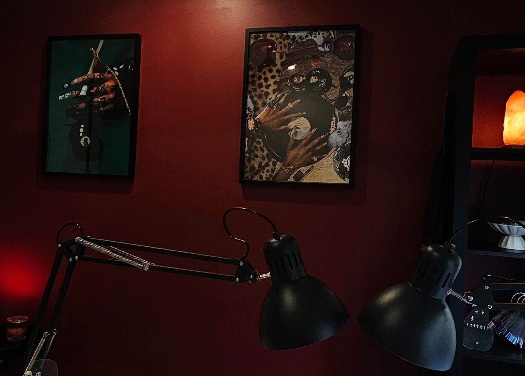 Chic nail salon decor at Polished By V, Yanchep, Western Australia, AU with modern art and dim lighting.