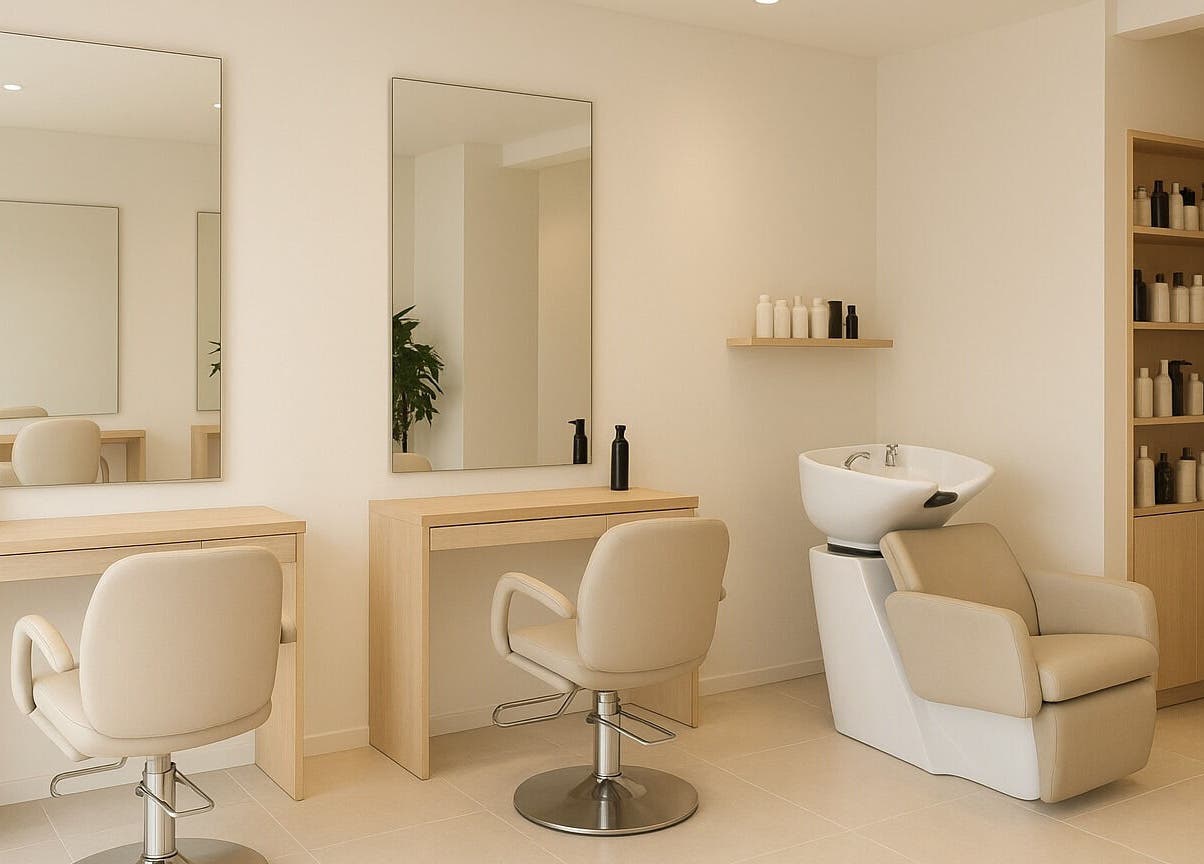 Sala de beleza moderna na Leia Santos, Rio Grande Do Sul, BR, com cadeiras e espelhos iluminados.