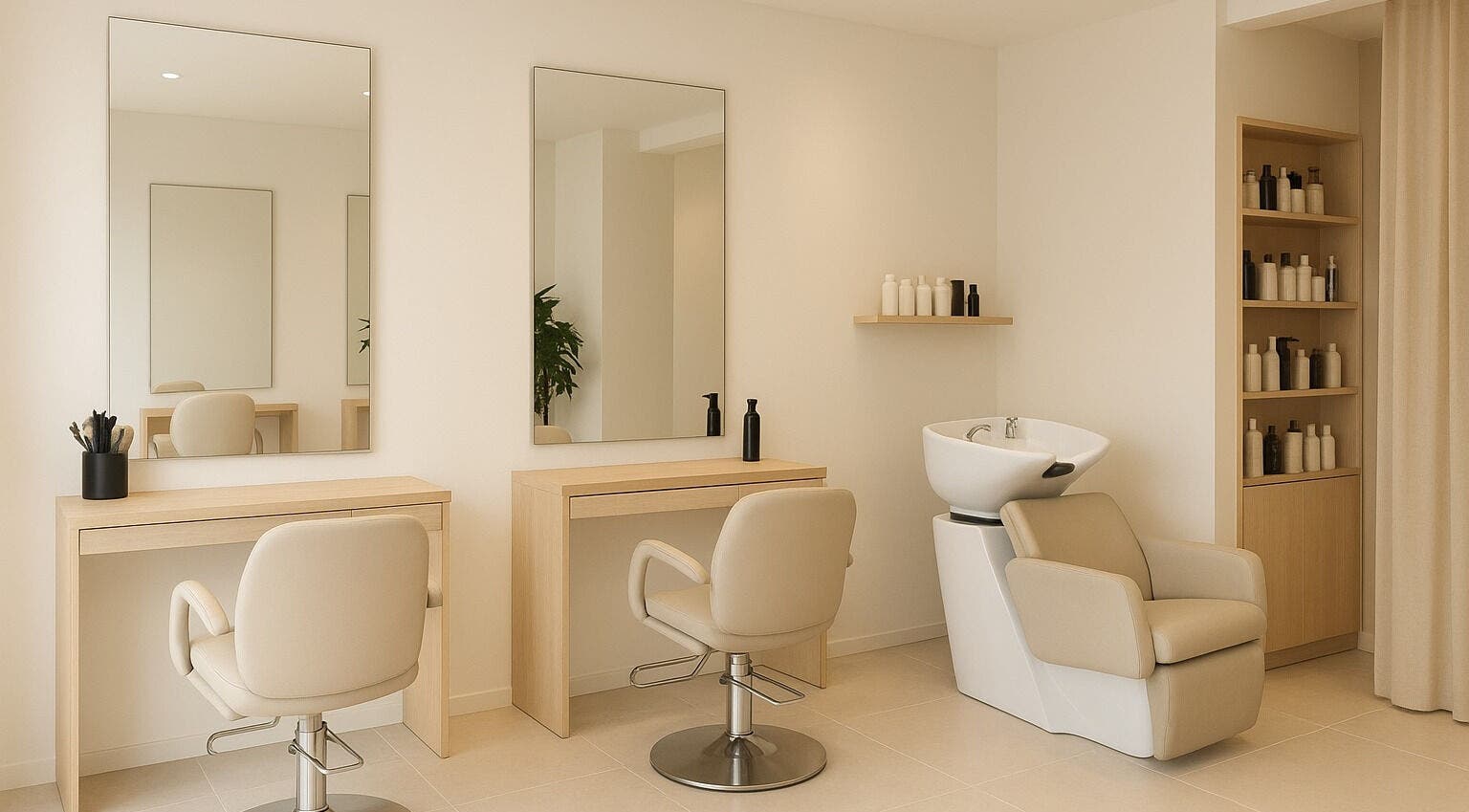 Sala de beleza moderna na Leia Santos, Rio Grande Do Sul, BR, com cadeiras e espelhos iluminados.