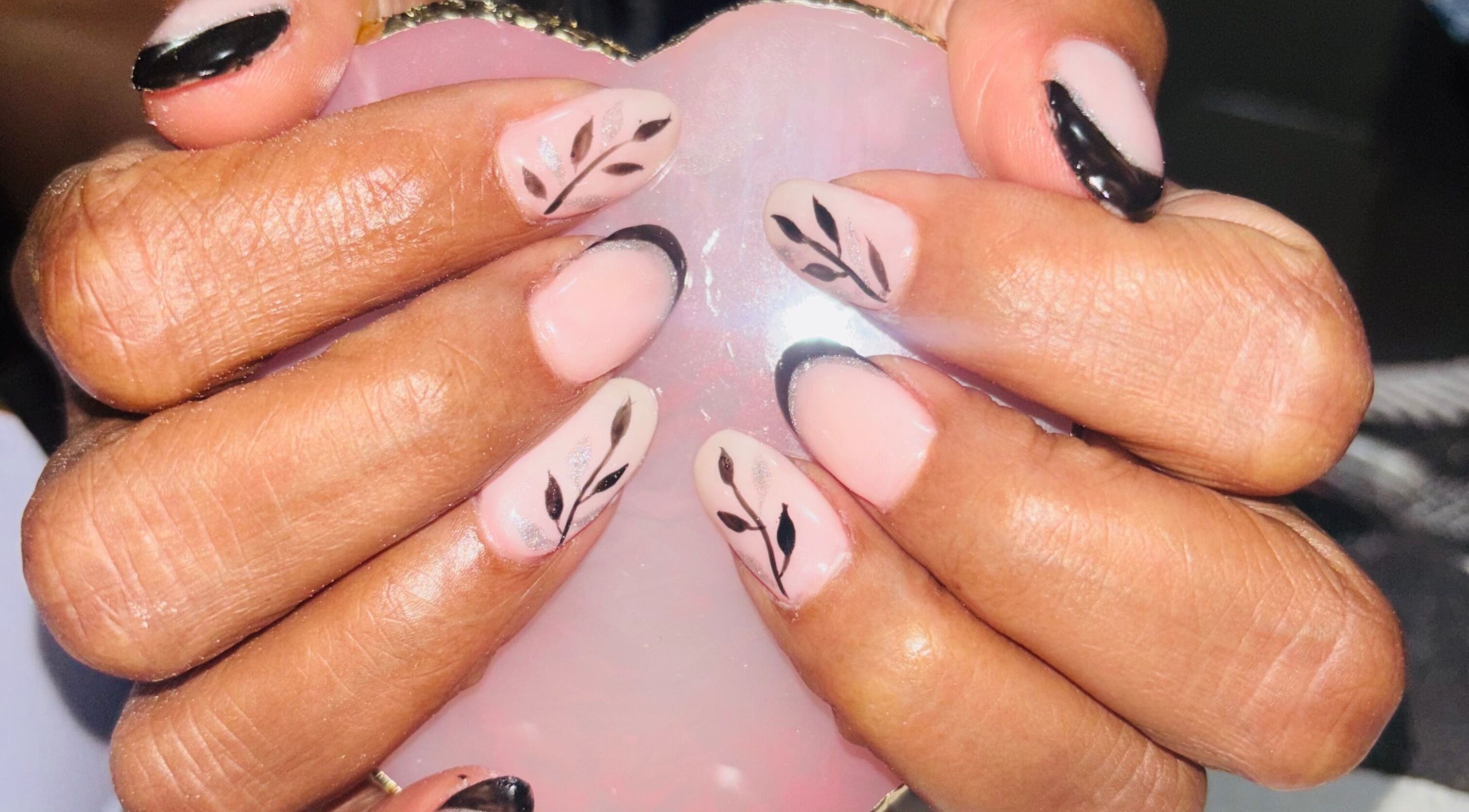 Beautiful black leaf pattern nails by Nails by Nelz, Alberton, Gauteng, ZA.