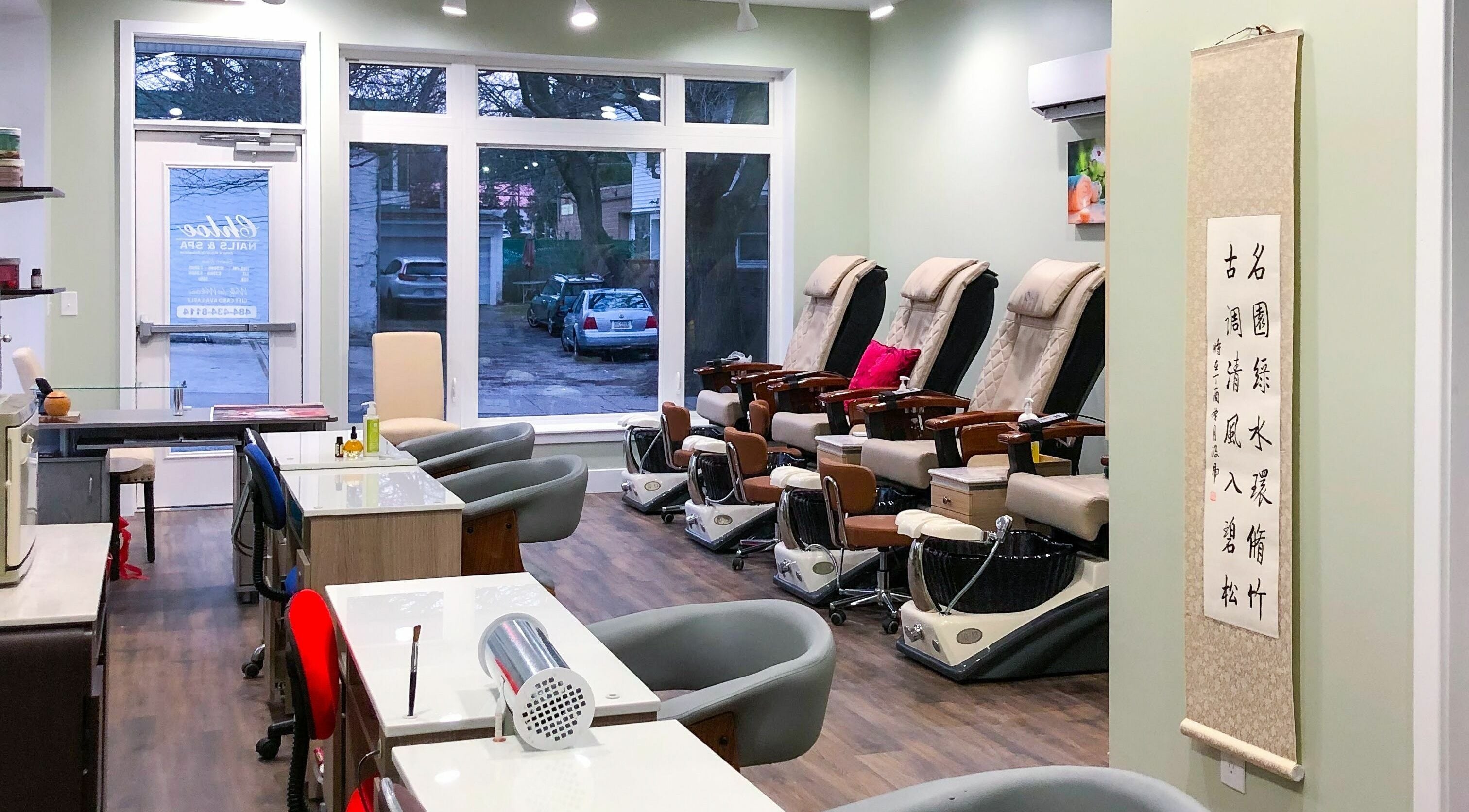 Inside view of Chloe Nails & Spa, Penn Valley, Pennsylvania, US, featuring plush pedicure chairs.