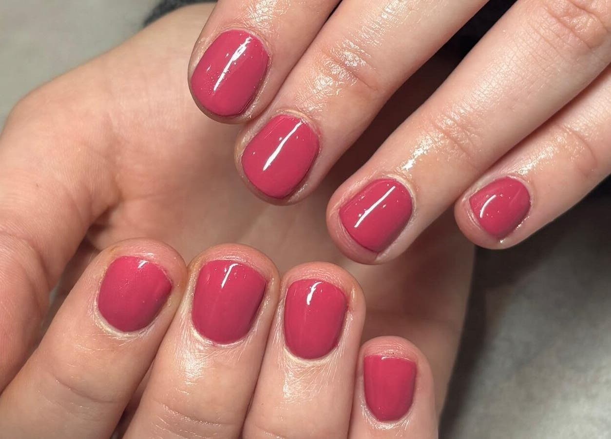 Close-up of elegant pink manicure at NailsbyFrankie, Bognor Regis, England, GB.