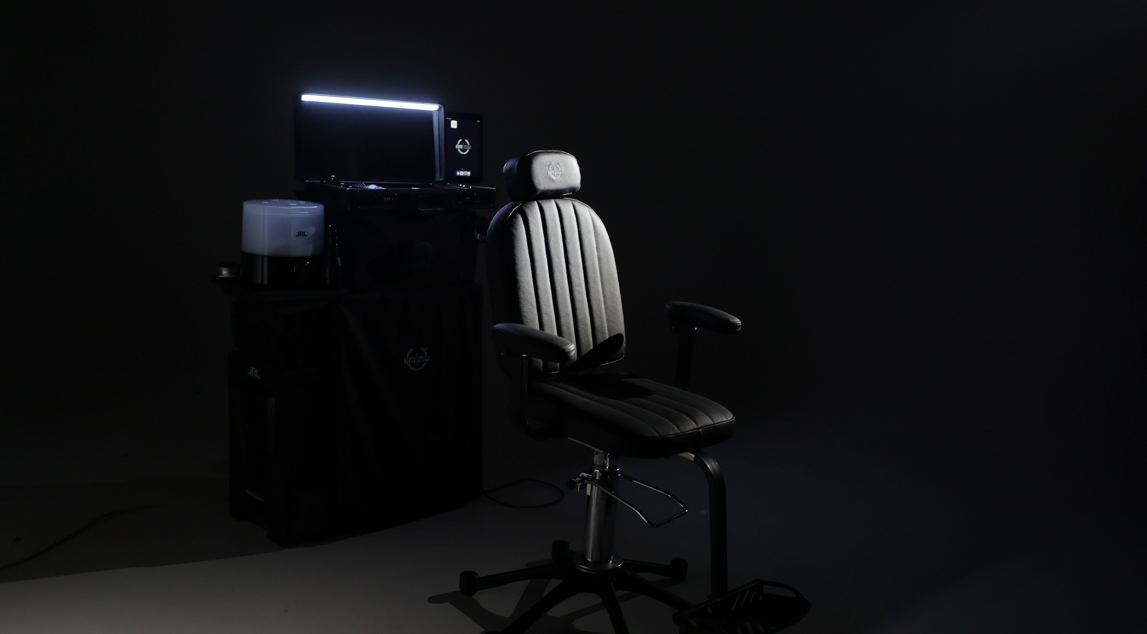 Barber chair at Elite Home Private Barber, Dubai, Dubai, AE. Modern elegance in a sleek setup.