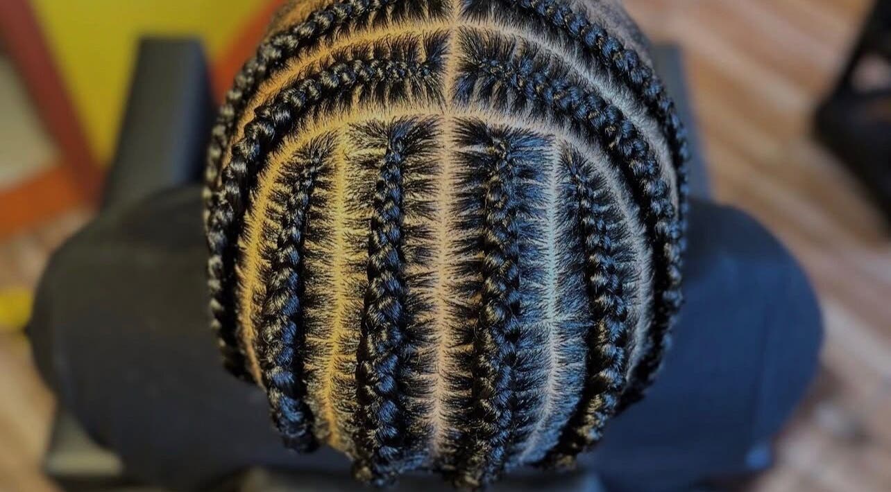 Top view of detailed cornrow braids at Braids O’clock Oasis Parlour, Accra, Greater Accra Region, GH.