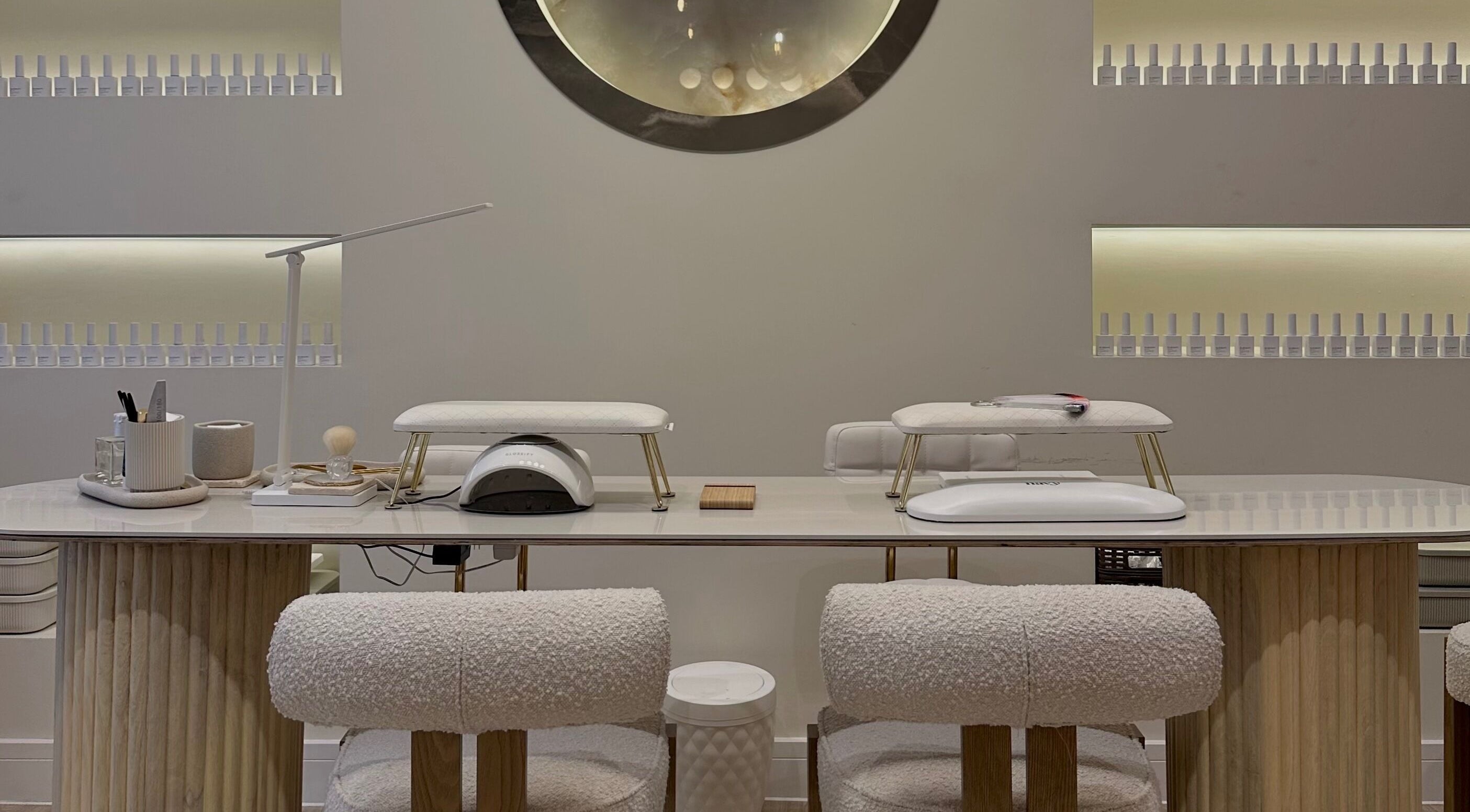 Elegant nail station at Nails By Bel, Clayton-le-woods, England, GB, featuring stylish decor and lighting.