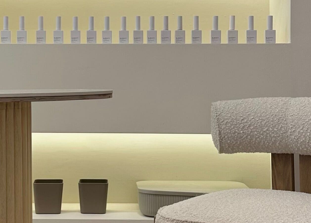 Elegant nail polish display and chic chair at Nails By Bel, Clayton-le-Woods, England, GB.