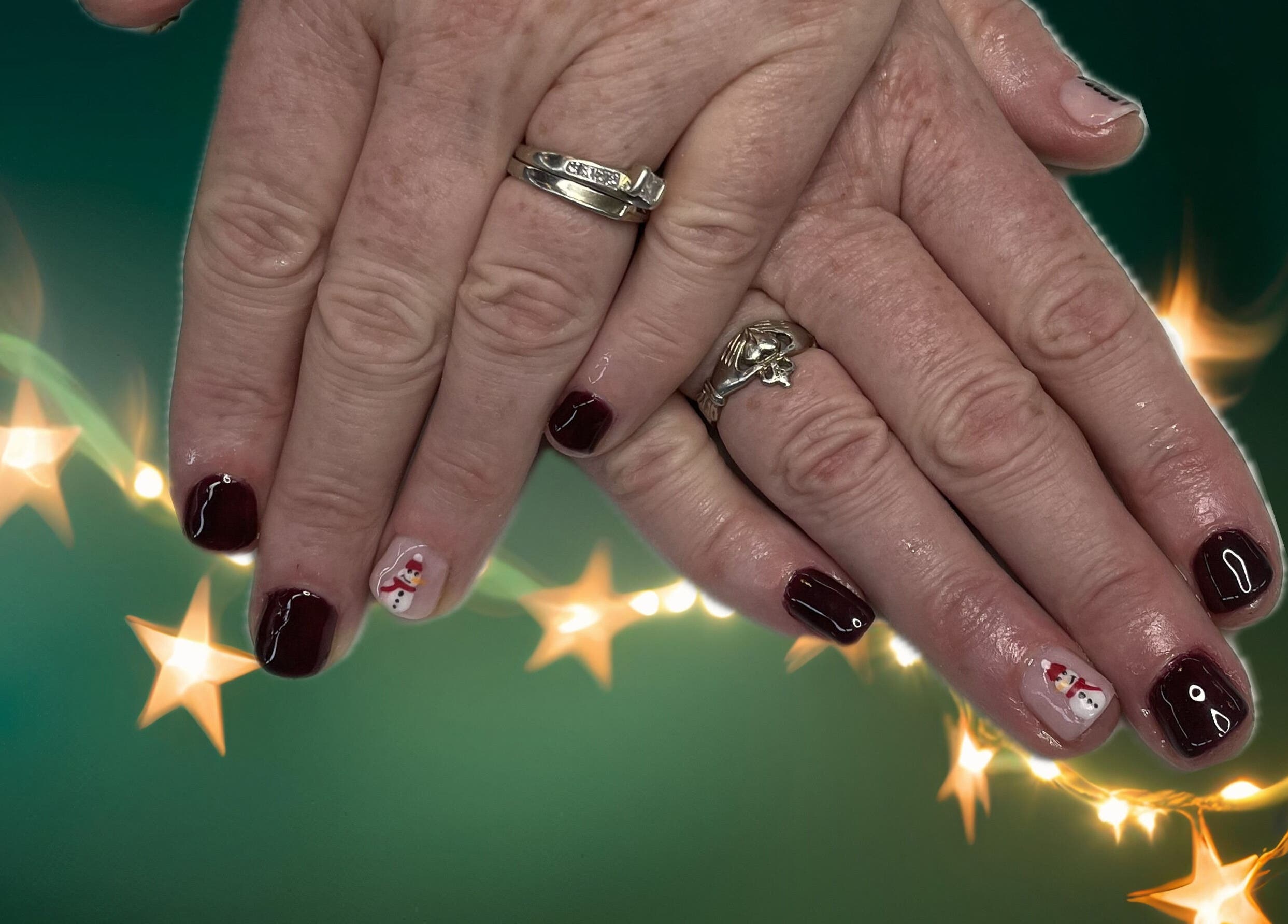 Beautiful red and snowman nail art at The Nail Cabin - Muskoka, Huntsville, Ontario, CA.