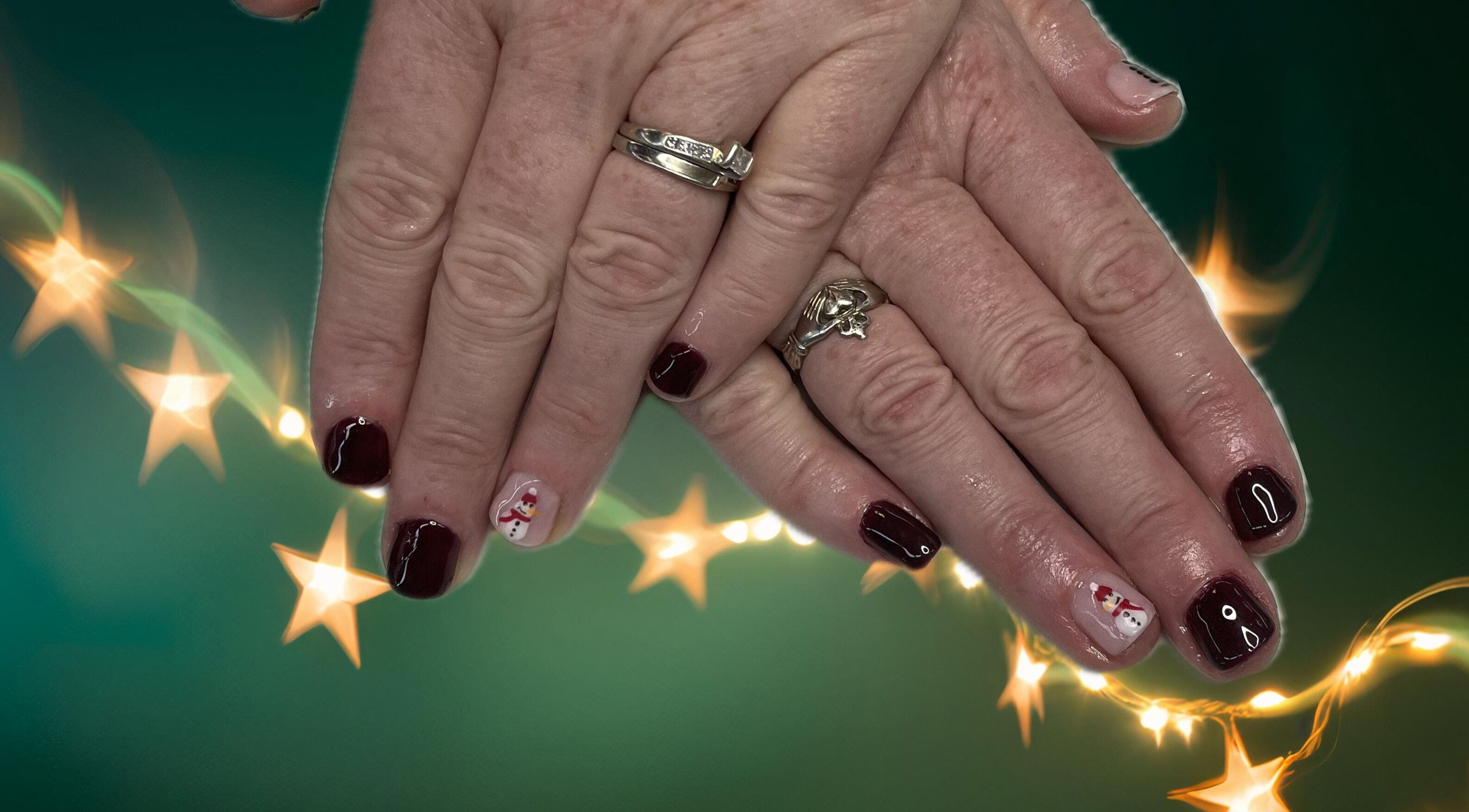 Beautiful red and snowman nail art at The Nail Cabin - Muskoka, Huntsville, Ontario, CA.