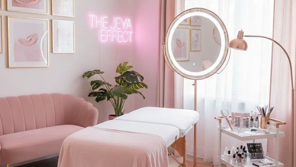 Sleek beauty treatment room at The Jeya Effect, Las Piñas, Metro Manila, PH showcasing plush pink decor.