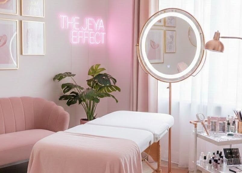Sleek beauty treatment room at The Jeya Effect, Las Piñas, Metro Manila, PH showcasing plush pink decor.