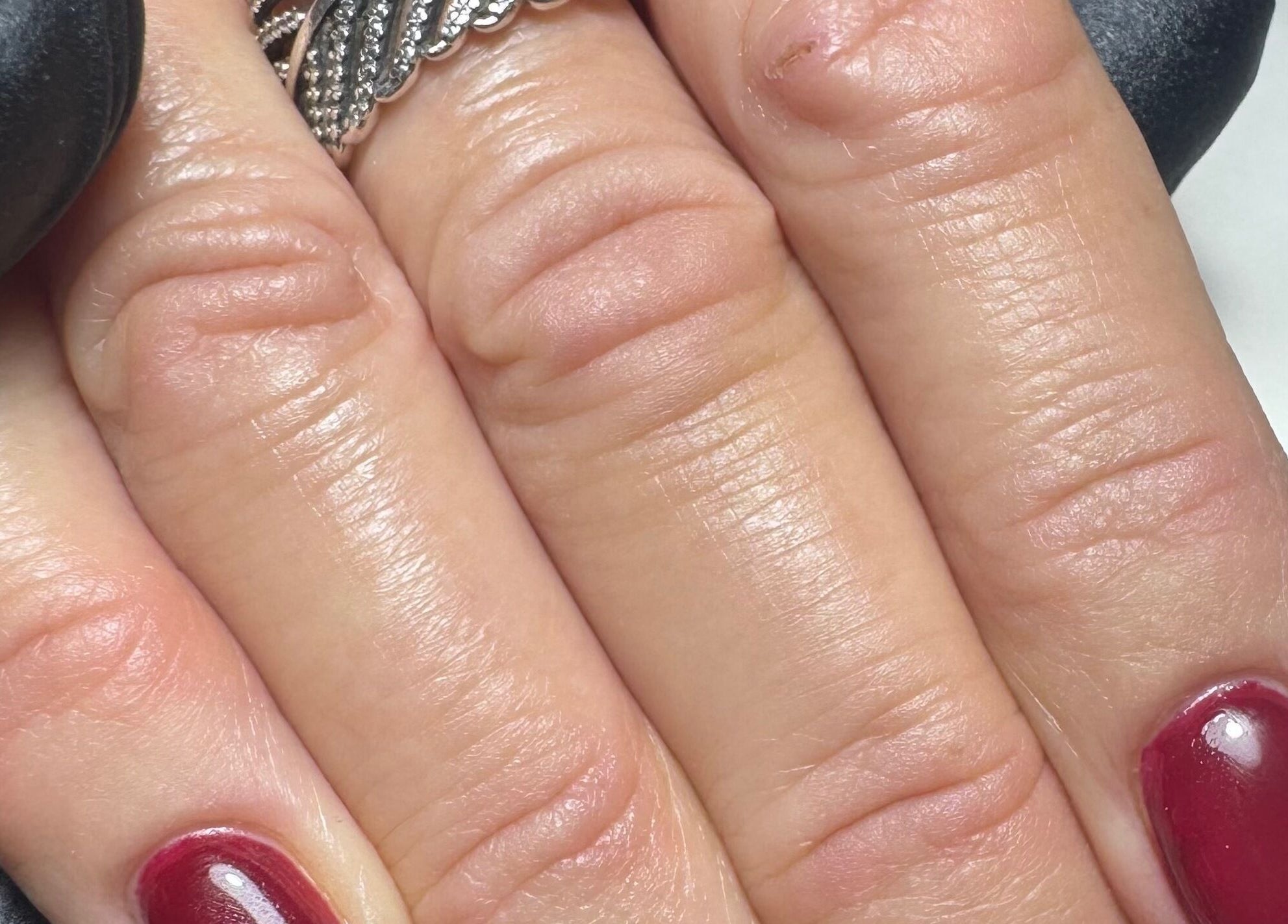 Close-up of freshly manicured nails at BIAB beauty bar, Bradwell, England, GB.