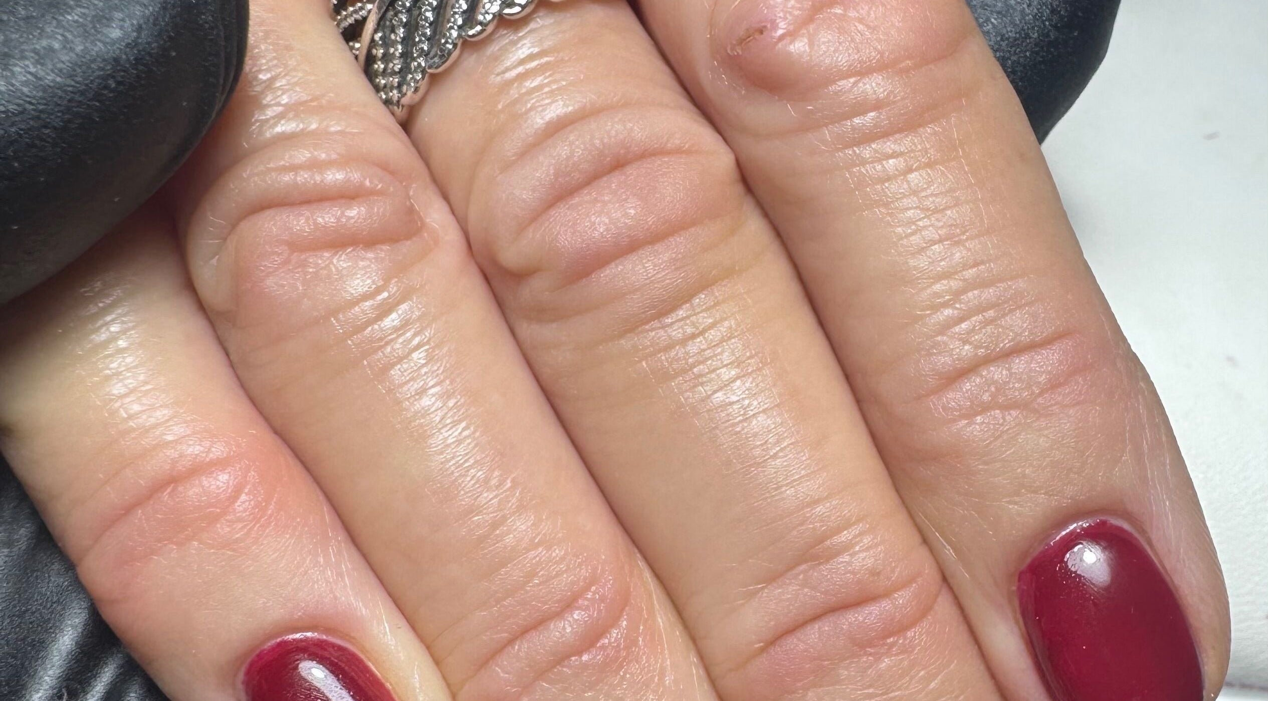 Close-up of freshly manicured nails at BIAB beauty bar, Bradwell, England, GB.