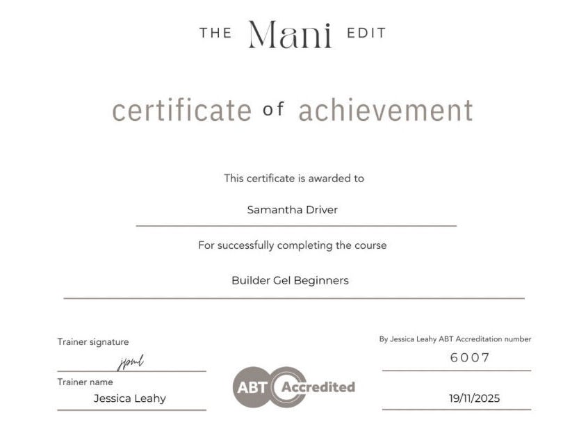 Certificate of achievement at BIAB beauty bar, Bradwell, England, GB recognizing course completion.