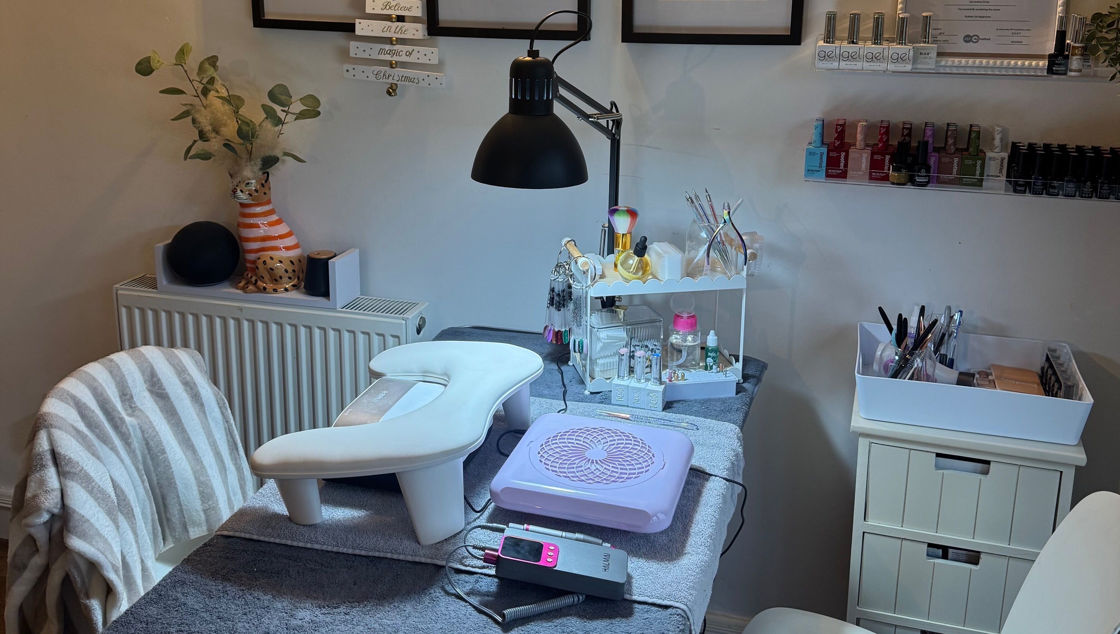 Cozy nail care station at BIAB Beauty Bar, Bradwell, England, GB. Well-equipped with tools and elegant decor.