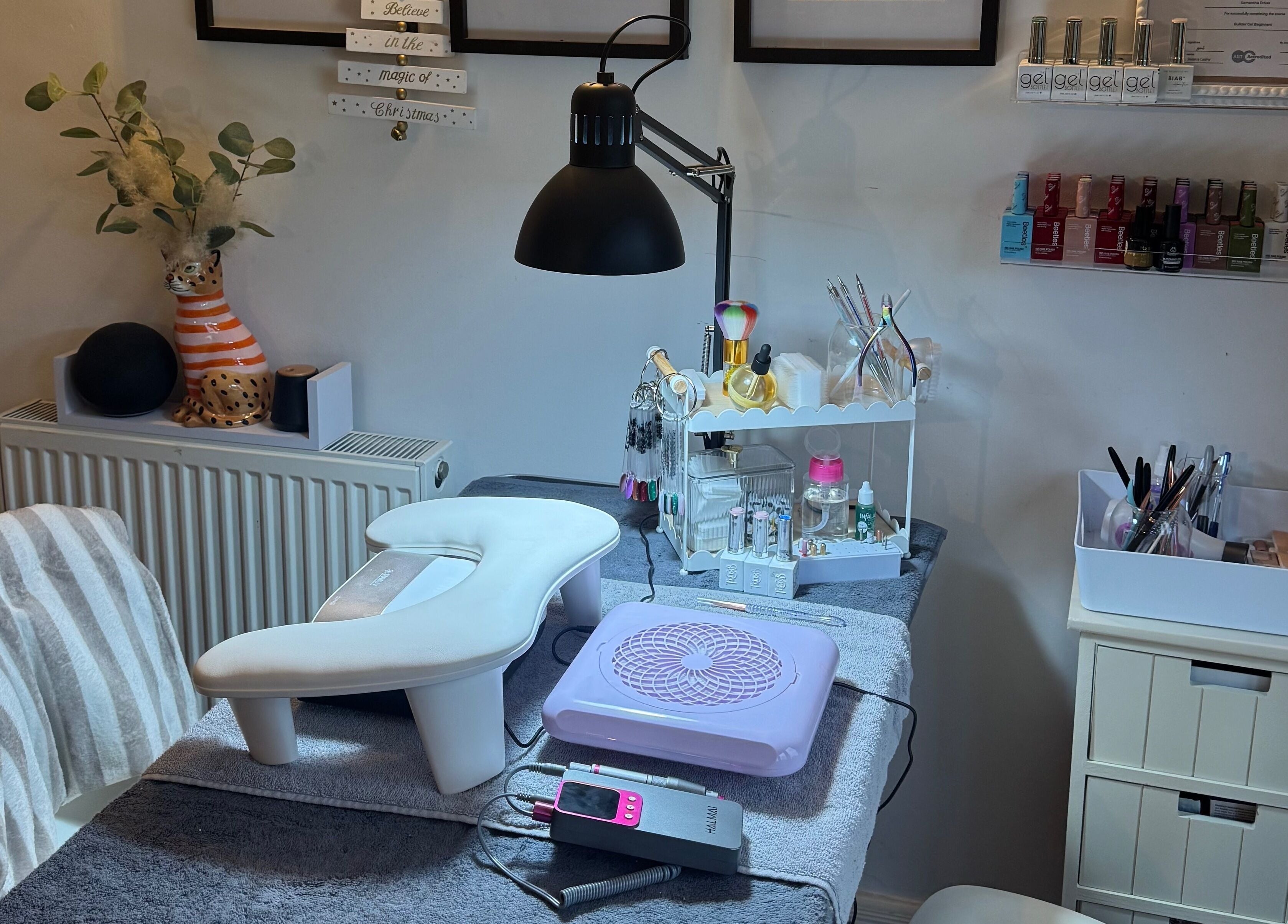 Cozy nail care station at BIAB Beauty Bar, Bradwell, England, GB. Well-equipped with tools and elegant decor.