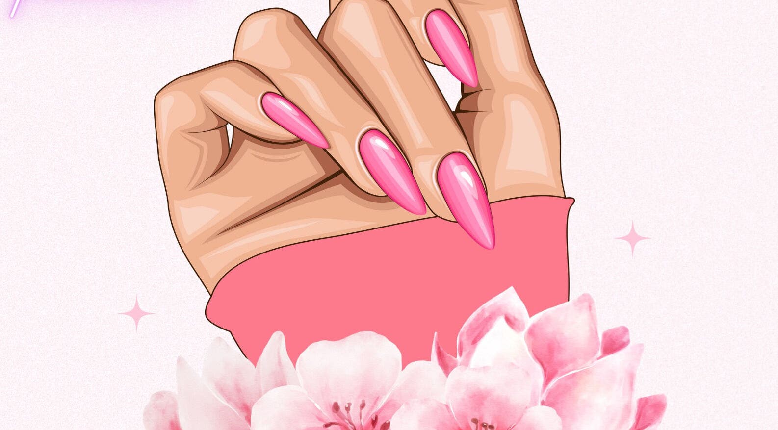 Stylish pink manicured hand from 2K Nails Spa, Los Angeles, California, US, with floral accents.