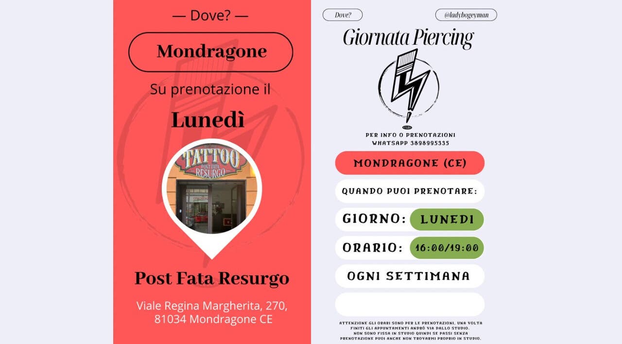 Promozione studio tatoo e piercing Post Fata Resurgo, Mondragone, Campania, IT.