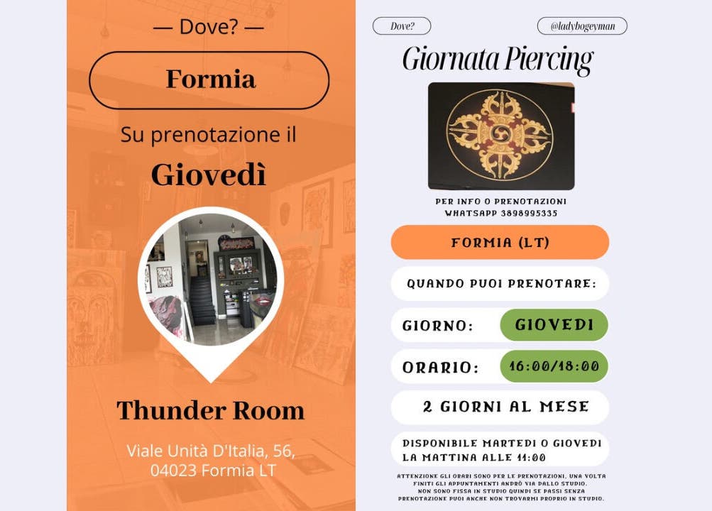 Dettagli del Thunder Room per la Giornata Piercing a Formia, Lazio, IT.