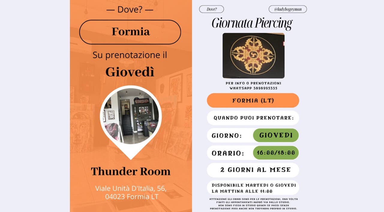Dettagli del Thunder Room per la Giornata Piercing a Formia, Lazio, IT.