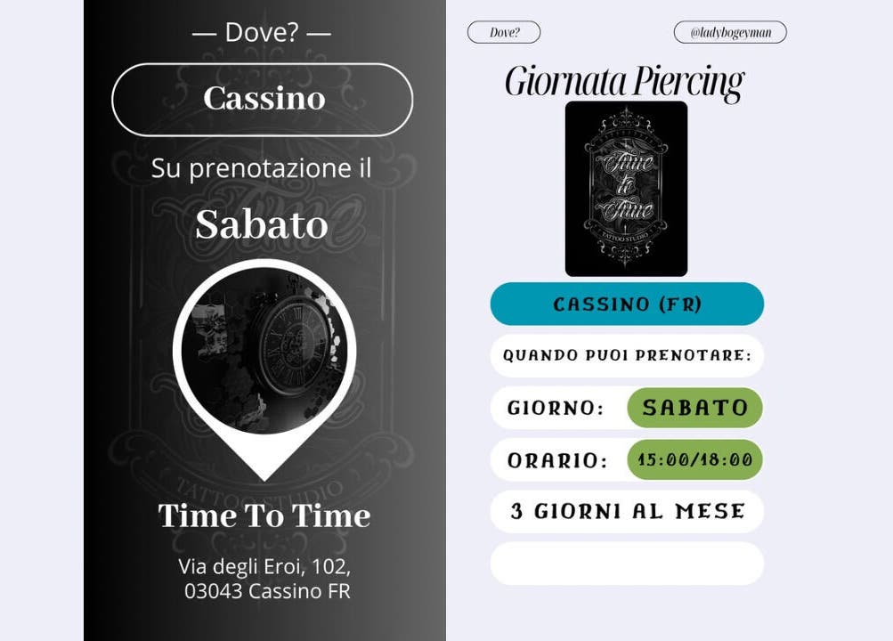 Dettagli di prenotazione per Time to Time a Cassino, Lazio, IT con il sabato evidenziato.