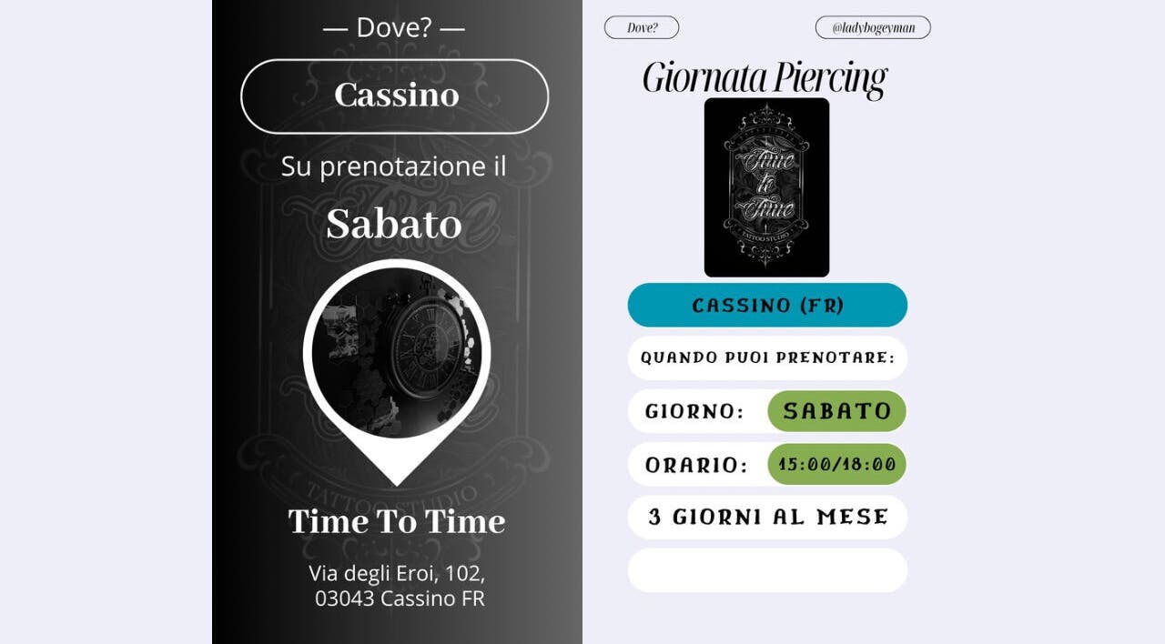 Dettagli di prenotazione per Time to Time a Cassino, Lazio, IT con il sabato evidenziato.