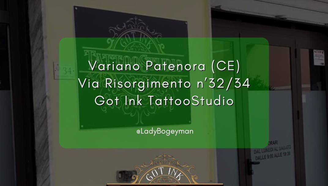 Ingresso di Got Ink Tattoo a Marzanello, Campania, IT, con insegna verde e info.